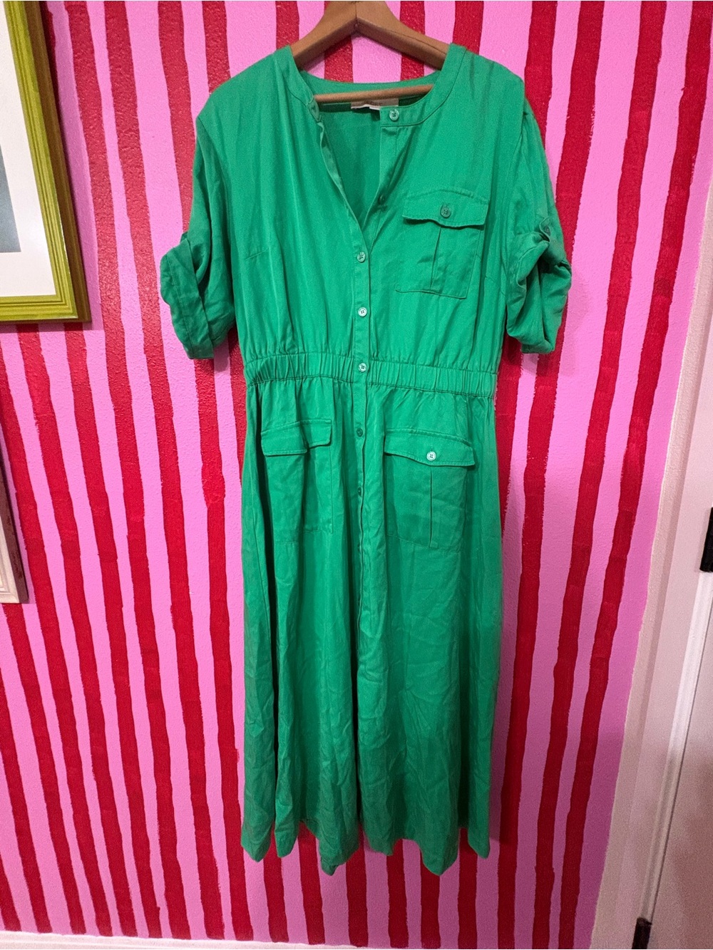 LOFT Green Button-Front Maxi Shirt Dress